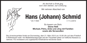 Traueranzeige von Hans Schmid von Pegnitz-Zeitung